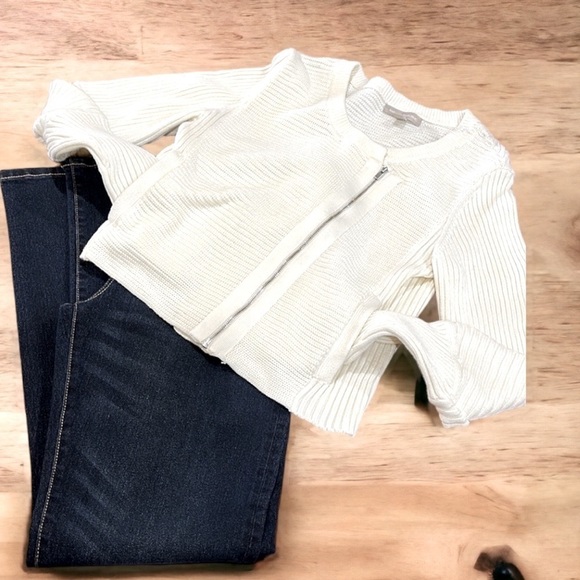 Banana Republic Cream Moto Sweater Jacket Asymmetrical Zip up Pockets Sz LP - Picture 5 of 13